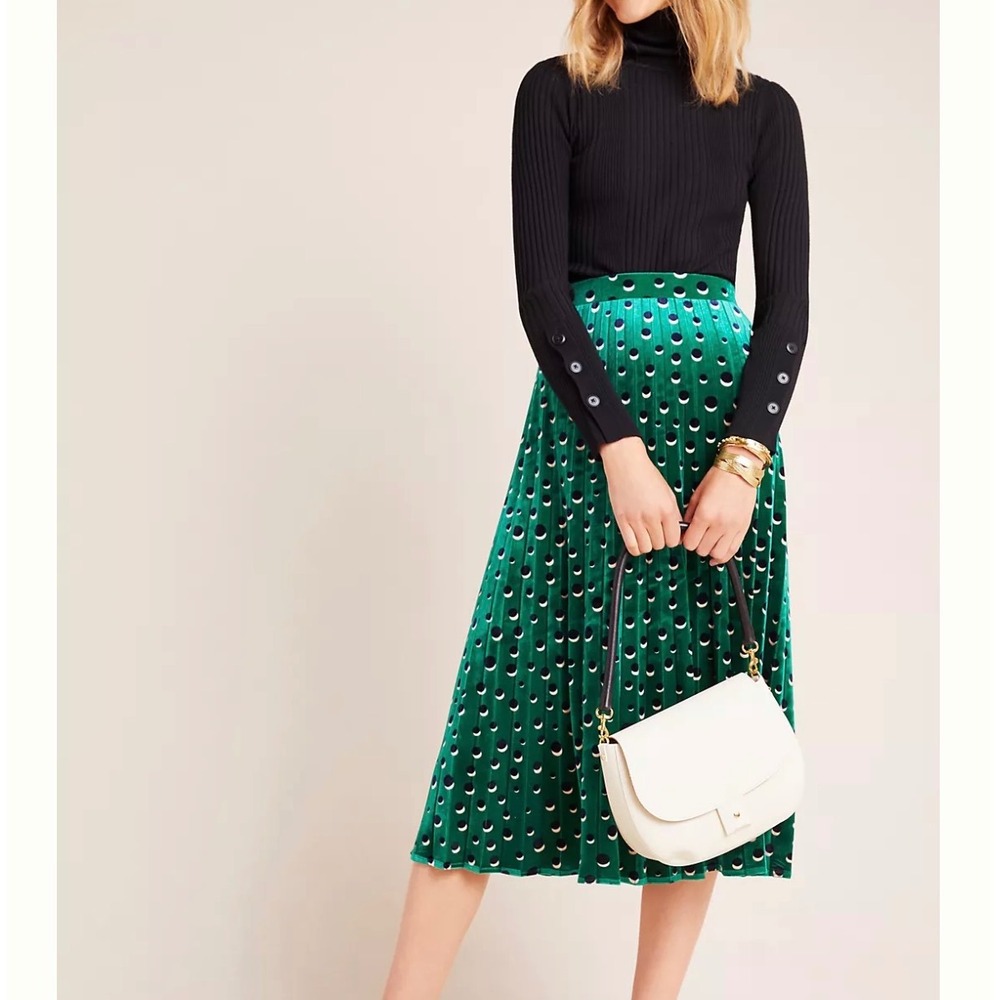 Maeve Anthropologie Carly Polka Dot Velvet Midi Skirt Green XS Pleated